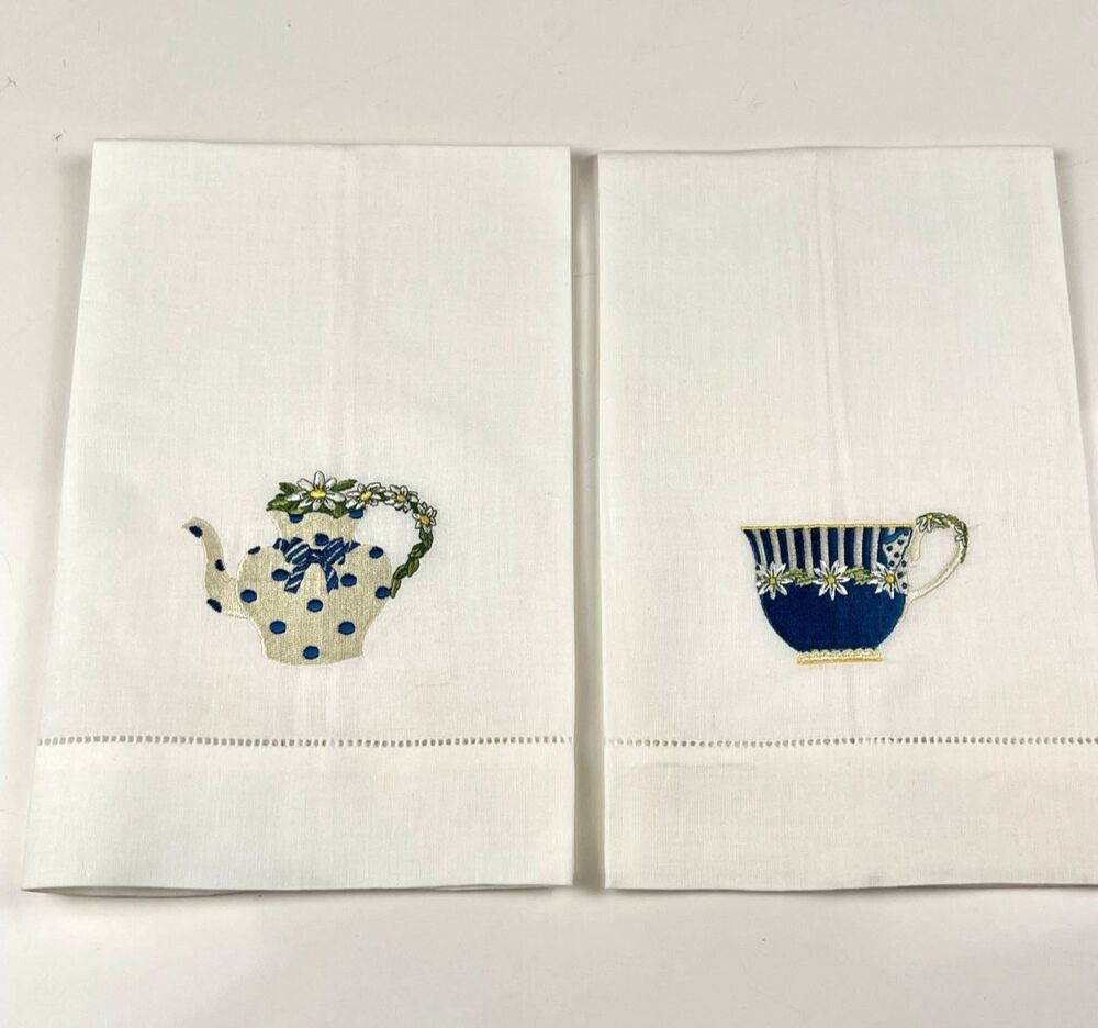 Vintage Embroidered Tea Towel Set Blue Teapot Teacup Polka Dot Daisies Applique